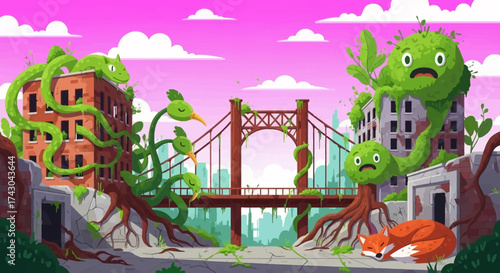 Post-Apocalyptic Cityscape with Overgrown Plants and Wildlife.