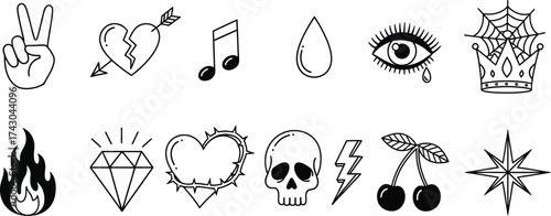 Tattoo flash sheet vector art with hearts skulls and more art