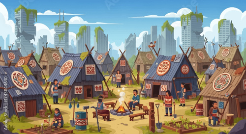 Post-Apocalyptic Village Scene with Tents and Community Life.