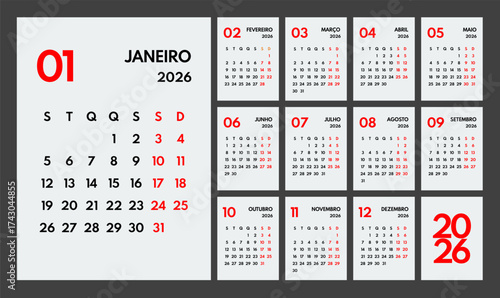 2026 year monthly office planner, calendar starts monday, two red weekends, white background, portuguese months name