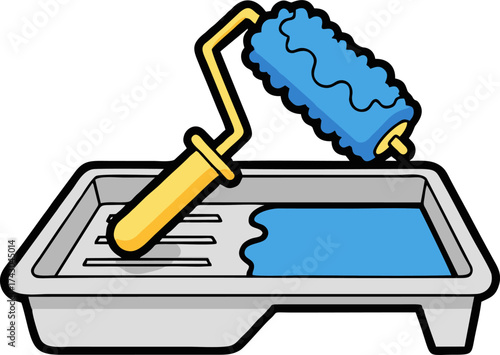 Cartoon Paint Roller and Tray Filled with Blue Paint, Black Outline