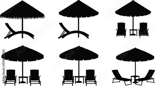 Silhouette collection of beach umbrellas and lounge chairs, summer vacation, tropical resort, outdoor relaxation and holiday design vector illustrationSilhouette collection of beach 