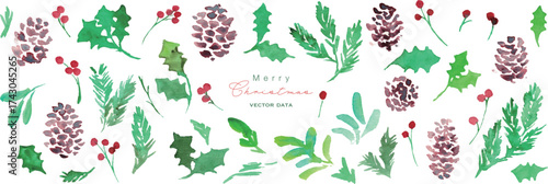 水彩画。水彩タッチのヒイラギクリスマスフレーム。クリスマスのベクターフレーム。松ぼっくりとヒイラギ。Watercolor painting. Watercolor holly Christmas frame. Christmas vector frame. Pine cones and holly.