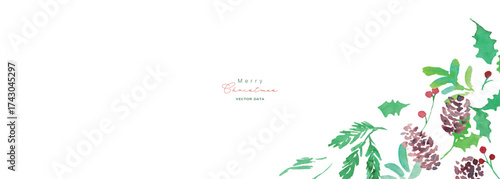 水彩画。水彩タッチのヒイラギクリスマスフレーム。クリスマスのベクターフレーム。松ぼっくりとヒイラギ。Watercolor painting. Watercolor holly Christmas frame. Christmas vector frame. Pine cones and holly.