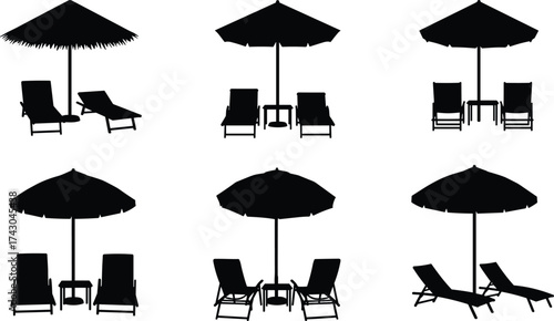 Silhouette collection of beach umbrellas and lounge chairs, tropical summer relaxation, seaside resort, holiday vacation outdoor vector illustration design