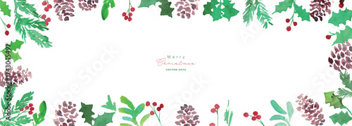 水彩画。水彩タッチのヒイラギクリスマスフレーム。クリスマスのベクターフレーム。松ぼっくりとヒイラギ。Watercolor painting. Watercolor holly Christmas frame. Christmas vector frame. Pine cones and holly.