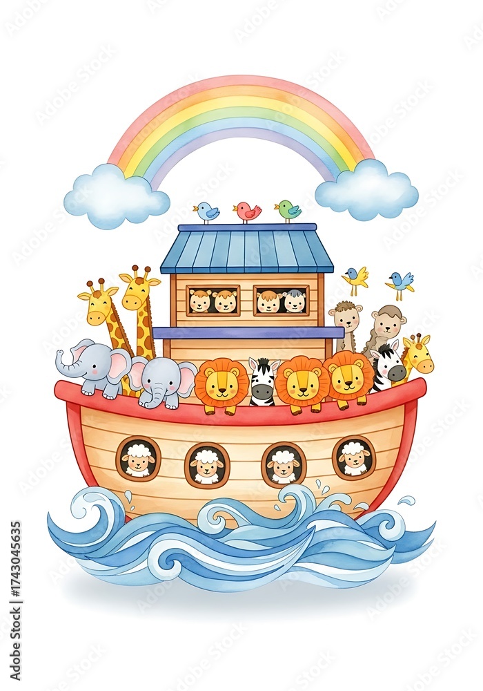 Obraz premium Noahs Ark Animals on Boat Illustration.
