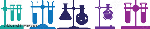 Vector illustration of colorful laboratory glassware including test tubes, flasks, and beakers on stands, modern chemistry and science experiment concept for education, research, and medical design.