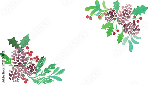 水彩画。水彩タッチのヒイラギクリスマスフレーム。クリスマスのベクターフレーム。松ぼっくりとヒイラギ。Watercolor painting. Watercolor holly Christmas frame. Christmas vector frame. Pine cones and holly.