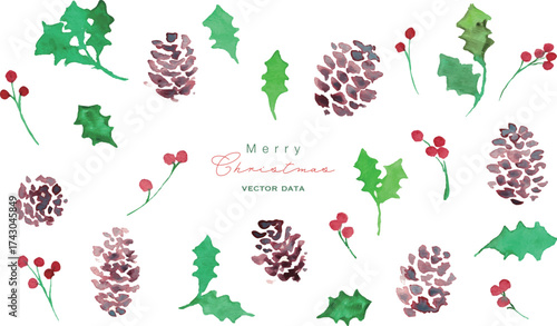 水彩画。水彩タッチのヒイラギクリスマスフレーム。クリスマスのベクターフレーム。松ぼっくりとヒイラギ。Watercolor painting. Watercolor holly Christmas frame. Christmas vector frame. Pine cones and holly.