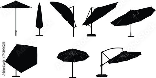 Silhouette collection of outdoor patio umbrellas and parasols, perfect for garden, beach, summer shade, backyard, and poolside decor design