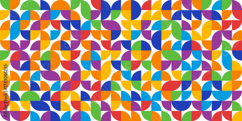 7 colors round corners mosaic seamless pattern, colorful geometric shapes background