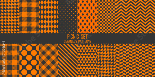 14 black and orange picnic or kitchen tablecloth seamless patterns set