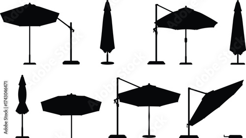 Silhouette collection of outdoor patio umbrellas and parasols, perfect for summer, garden, beach, poolside, and backyard furniture design