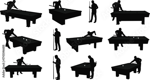 Silhouette collection of people playing billiards and pool, cue sport activity, leisure, competition, and entertainment concept in black design