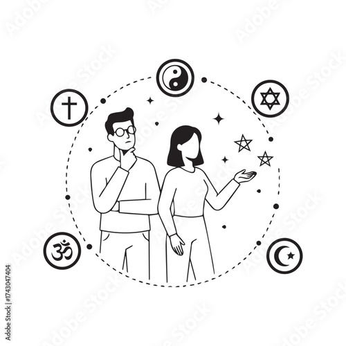 Religious Philosophy Abstract Concept Vector Illustration. People choosing belief system with diverse spiritual symbols like Cross, Om, and Yin Yang.
