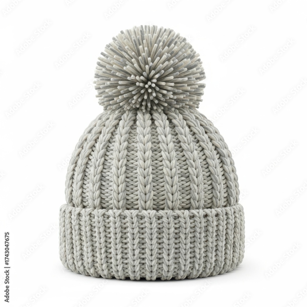 Fototapeta premium Cozy knitted hat with pompom on white background