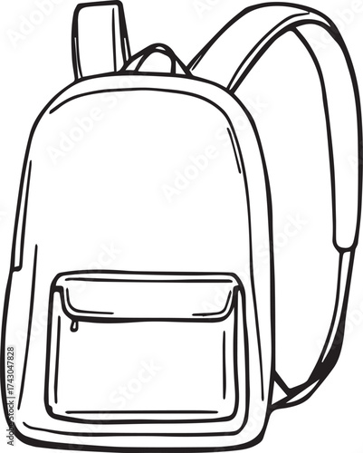 Backpack vector illustration in black and white with main compartment, front pocket, zipper and shoulder straps for school, travel and gear themes