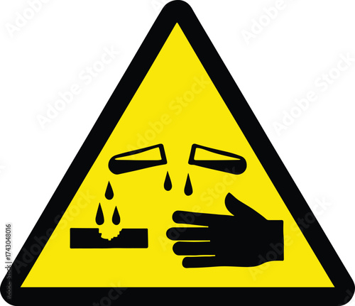 Corrosive substance hazard warning sign vector illustration in yellow triangle with test tubes, hand and surface damage for chemical safety themes