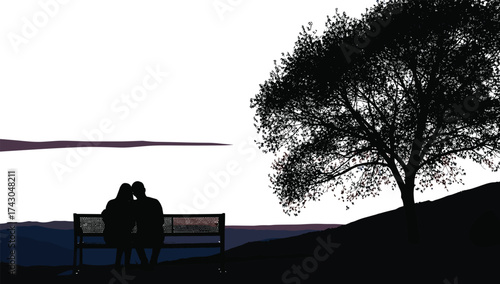 Couple silhouette, romantic bench scene, sunset view, peaceful nature, emotional moment, tree shadow, scenic love, tranquil landscape, togetherness, serenity