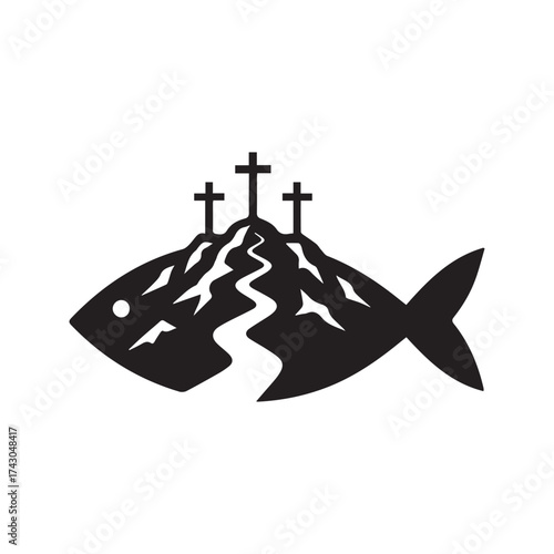 Christian Fish Symbol with Calvary Hill and Three Crosses. Religious Ichthys Logo Vector for the Church.
