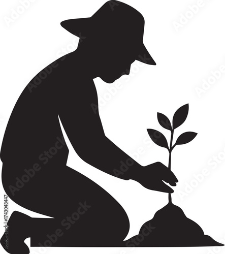 Sapling planting silhouette vector illustration in black and white with kneeling person, wide-brimmed hat and soil mound for nature and sustainability themes     