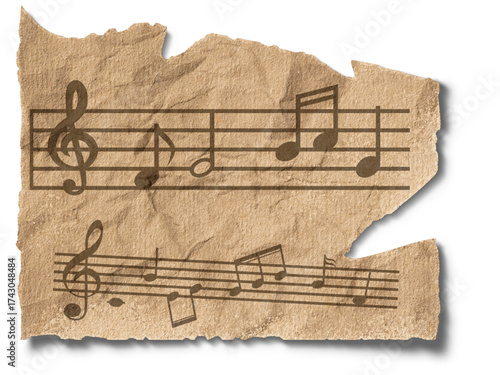 old paper sheet, 1-Scrap of old music sheet, vintage yellowed ripped paper with notes isolated for design - 1