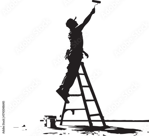 Painter on ladder silhouette vector illustration in black and white with paint roller and can for renovation, manual labor and home improvement themes