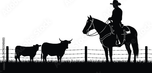 Cowboy silhouette, cattle ranch, horse riding, barbed wire fence, rural scene, livestock management, western lifestyle, black background, pasture view, ranch life
