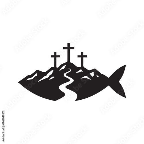 Christian Fish Symbol with Calvary Hill and Three Crosses. Religious Ichthys Logo Vector for the Church.
