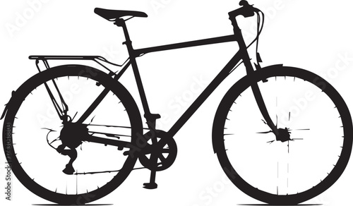 Bicycle silhouette vector illustration in black and white with rear rack, gear system and standard frame for transport, cycling and lifestyle themes