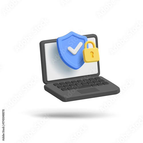 Open laptop, shield with check mark and lock, 3D, on white background. For technology and security concepts. Vector illustration.