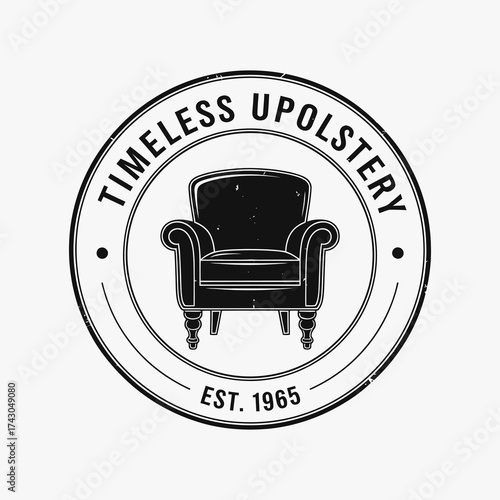 Timeless Upholstery logo featuring a classic armchair design and established date.