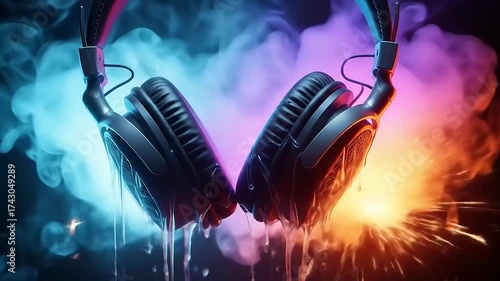 Headphones in a Colorful Smoke Cloud - A Vibrant Audio Experience.