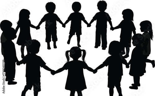 Children holding hands circle silhouette group teamwork vector