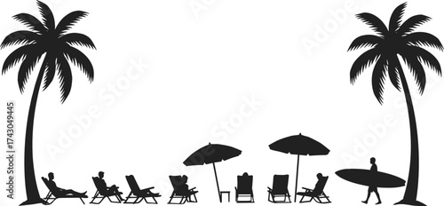 Silhouette of beach scene with palm trees, umbrellas, sunbeds, relaxing people, and surfer walking, tropical summer holiday vector illustration