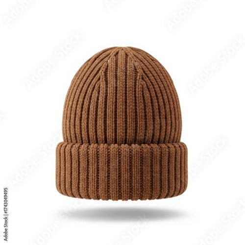 Brown knitted beanie hat on white background