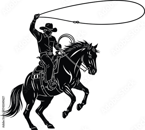 Cowboy silhouette, horse riding, western lasso, rodeo action, wild west, black background, dynamic pose, ranch life, vintage style, frontier spirit