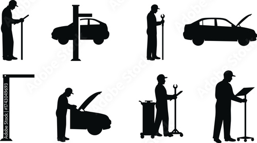 Auto mechanic, car repair, vehicle maintenance, garage service, automotive technician, workshop tools, diagnostics check, oil change, car inspection, mechanic working, engine repair