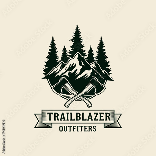 Trailblazer Outfitters logo with mountains trees and axes.