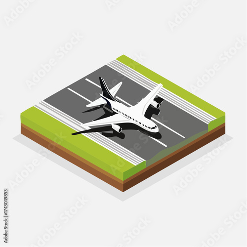Isometric Airport Runway with Airplane Taking Off A Flat Vector Design