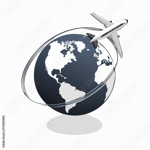 Vector logo illustration of a modern passenger jet with motion lines flying around the globe, representing global aviation and travel