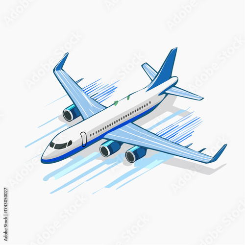 Isometric vector illustration of a modern passenger airplane in flight with motion streaks