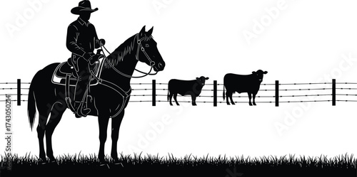 Cowboy silhouette, horseback rider, rural scene, cattle fence, western lifestyle, barbed wire, livestock=