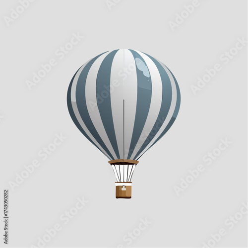 Vector illustration of a vintage hot air balloon with blue stripes, a simple icon symbolizing travel, freedom, and discovery on a clean background