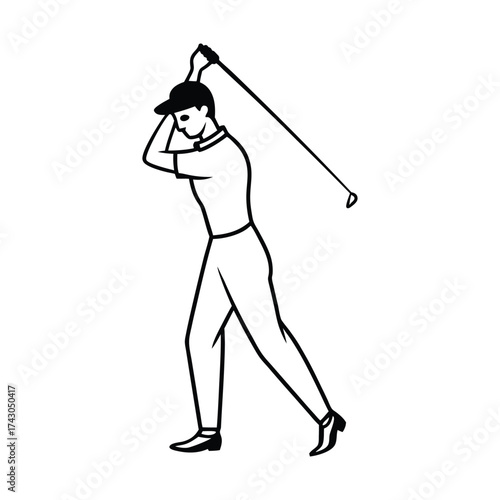 Monochrome line drawing of a person playing golf, executing the backswing phase of the drive shot