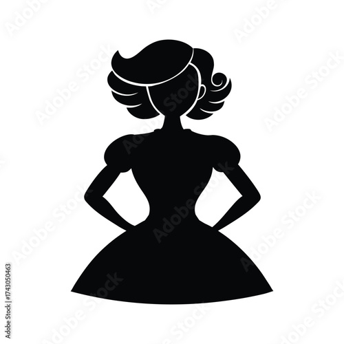 Black icon of a vintage pin-up style woman in a full dress with hands on her hips, representing confidence and femininity