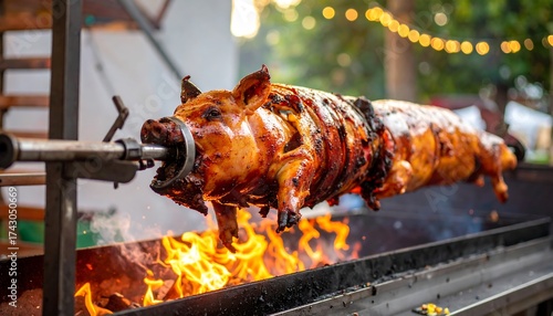 Roasted pig on a spit over open fire