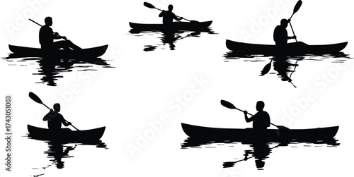 Kayaking silhouette, canoeing reflection, paddle boat on water, outdoor adventure, lake kayak, river sport, water activity, kayak paddler illustration