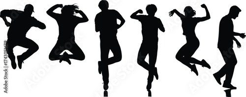Jumping silhouette, dancing pose, energetic movement, expressive figure, human motion, black silhouette, dynamic action, isolated white background, vector illustration, stock art